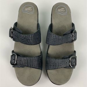 Dansko Leather Sandals Heel US 10 EU 41 Snake Animal Print Gray Silver Slip On